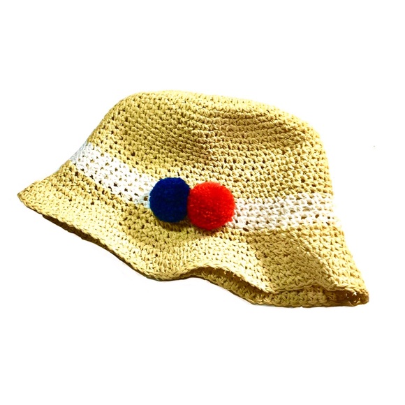 NWT Kooba Straw Fedora with White Band & Pom Poms - Picture 3 of 8